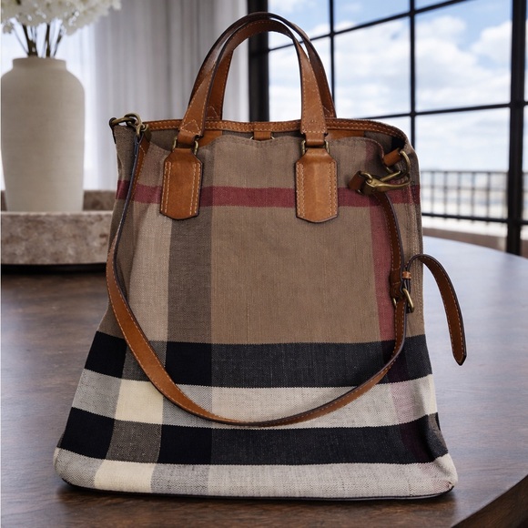 Burberry Handbags - Burberry Classic Tottenham Plaid Canvas Nova Check Leather Handbag
